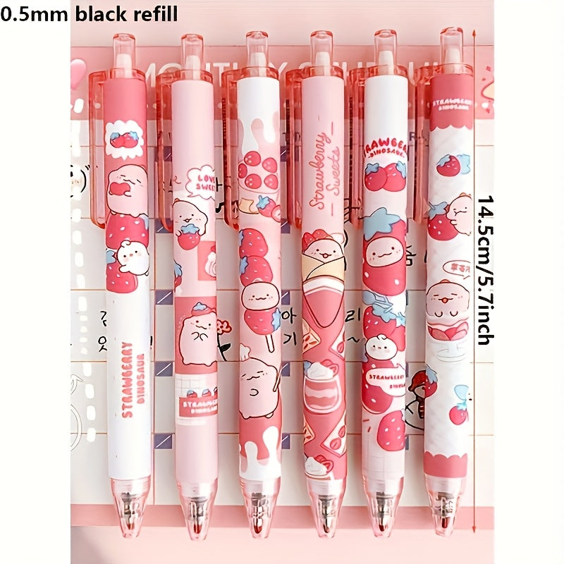 6-Pack Strawberry & Cream Patterned Ballpoint Pens, 0.5mm Fine Tip, Quick-Dry Black Ink | Playful Design with Adorable Strawberry Characters, Smooth Writing for Stationery & Gift Packaging (Random Colors), Strawberry Themed I