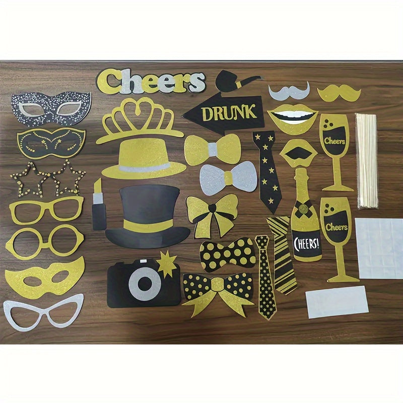 30pcs Glittery Set, Black Party Photo Booth Props, Assorted Accessories, Hats, Lipstick, Ties, Crowns, Paper Props for Celebrations