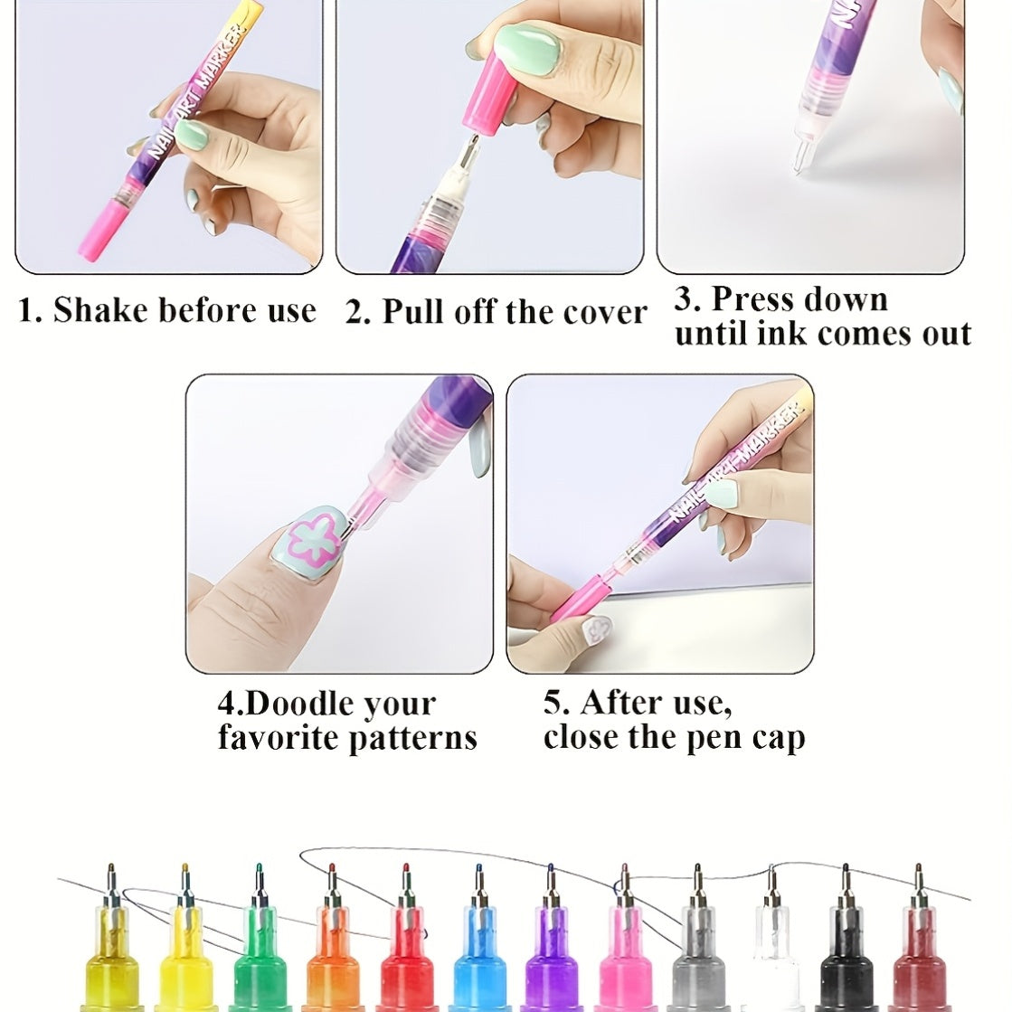 12 Colors 0.5mm 3D Nail Polish Pen + 24 Reusable Stencil Stickers Set Nail Art Pen Set.