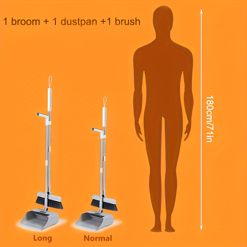 3-in-1 Combo Set with Stainless Steel Handle - Heavy-Duty Indoor/Outdoor Broom and Dustpan, Ideal for Home, Office, School, Dorm, Bedroom, Living Room, Kitchen Cleaning, 180cm/71inch User Comfort, Office Cleaning Essentials|M