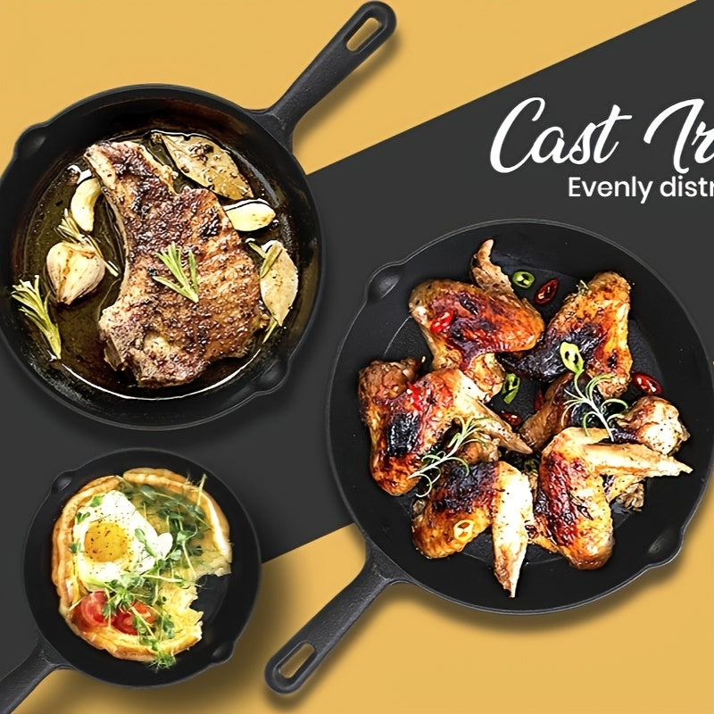 3pcs Pre-Seasoned Cast Iron Skillet Set With Pouring Lip - Heavy Duty & Non-Stick For Effortless Grilling, Searing, Frying & Baking - Versatile Black Pans (15.24 cm, 20.32 cm, 25.4 cm) With Comfort Handles