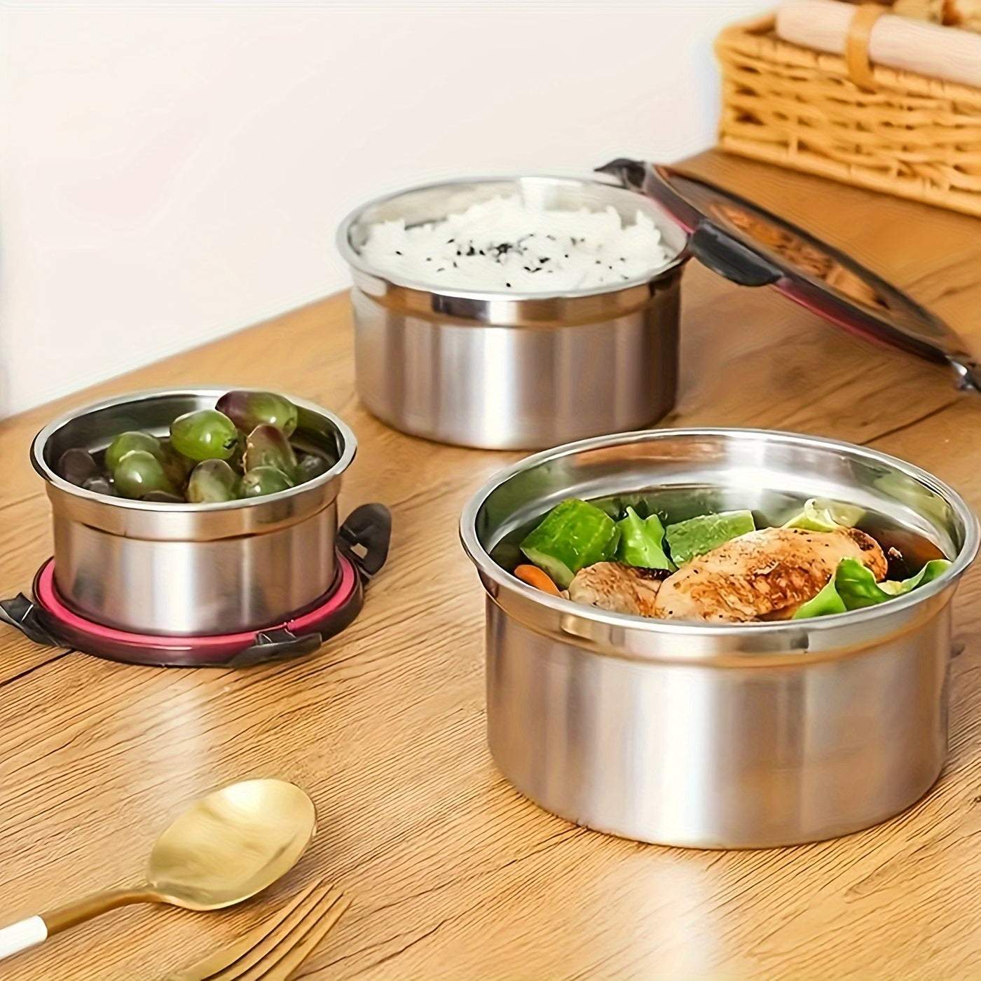 3pcs Fresh Food Storage Box Set, Leak-Proof, Reusable Stainless Steel Containers with Lids That Can Be Used As Airtight Bowls, Fresh Food Storage Boxes, And Lunch Boxes.