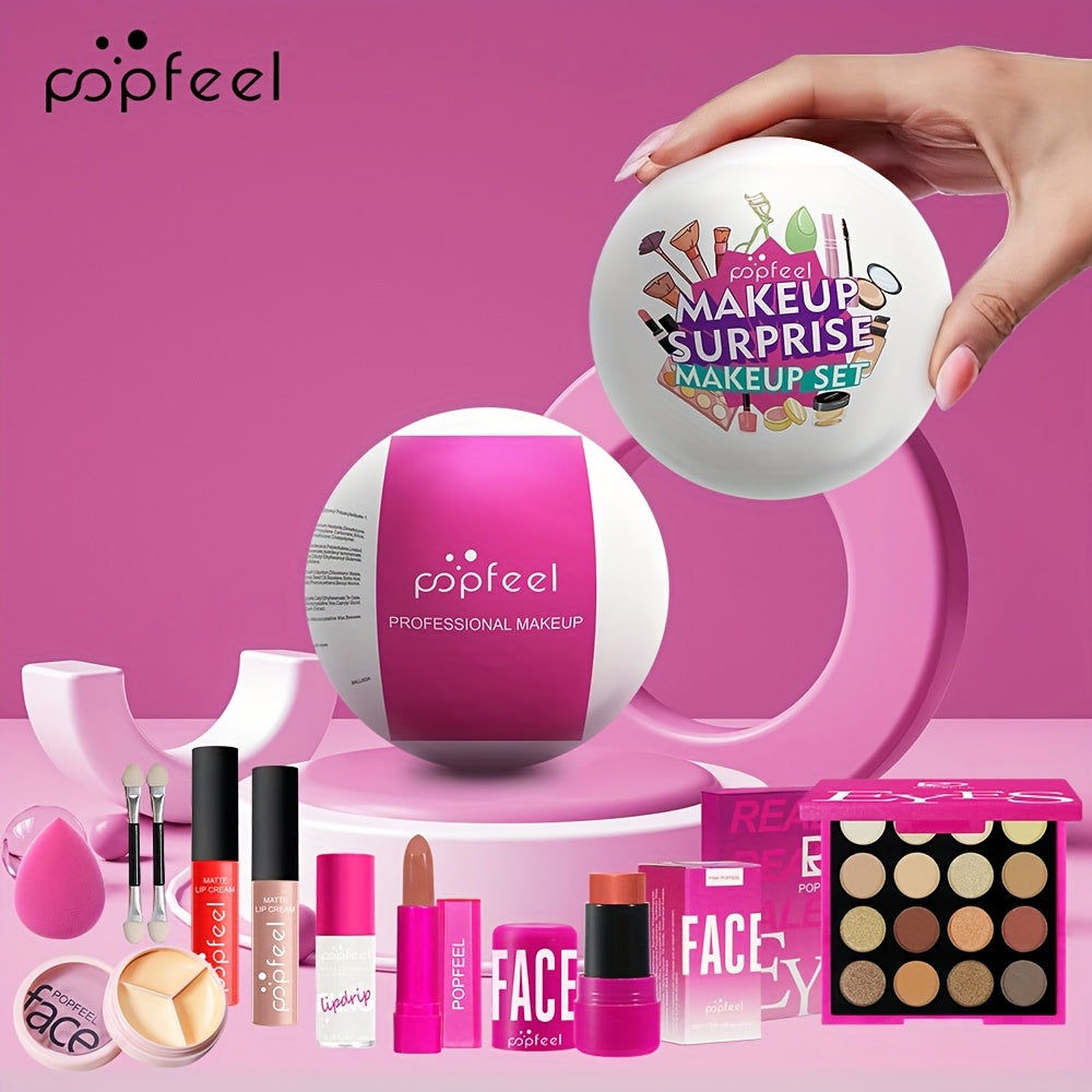 POPFEEL 10pcs Makeup Set, includes blush, eyeshadow, lip gloss, concealer, and more.