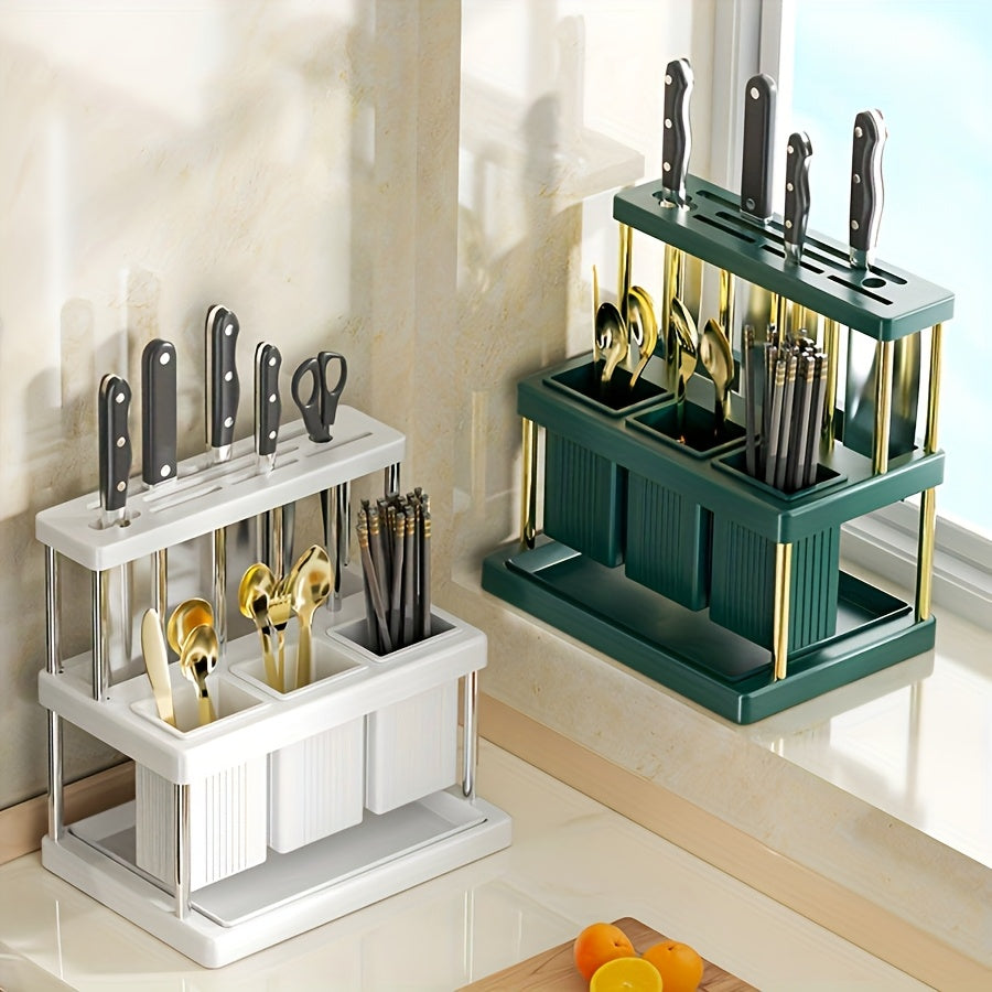 1pc Multi-Functional Kitchen Utensil Organizer - Space-Saving Plastic Storage Rack for Knives, Forks, Spoons, and Chopsticks with Green and White Compartments, Ideal for Countertop Organization, Cooking Utensils