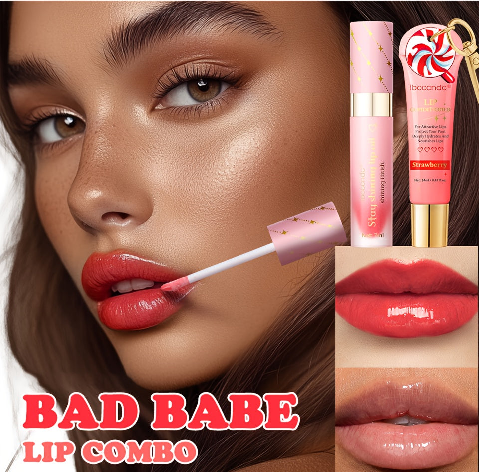 Bad Girl Lip Combo, Includes 2 Lip Oils, Strawberry Flavour, Tinted Lip Oil, Moisturizing And Nourishing, Winter Lip Care,
