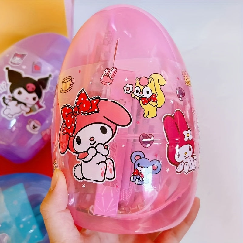 For Hello Kitty Cartoon Egg-Shaped Fine Tool Set, Including 6 Color Watercolor Pens + 6 Colored Pencils + Wallet + Key Chain + 2 Pencils + Ruler + Eraser + Pencil Sharpener + Gift Bag + Birthday Gift and Party Surprise Essent