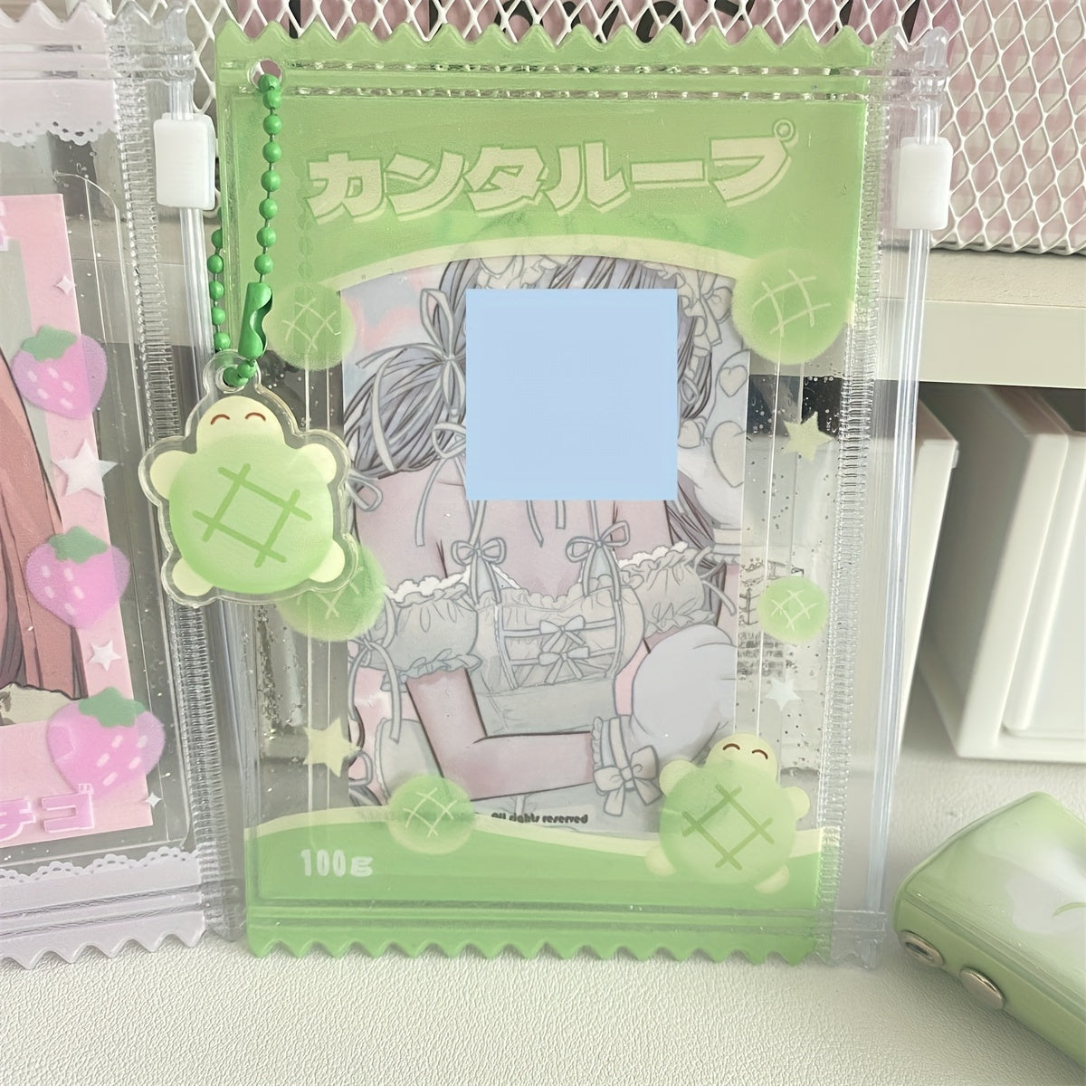 Photo Card Holder - Adorable Four Leaf Clover Sweet Bag 1pc PVC Mini Pouch with Pendant And Bead Chain - Photocard Holder Keychain