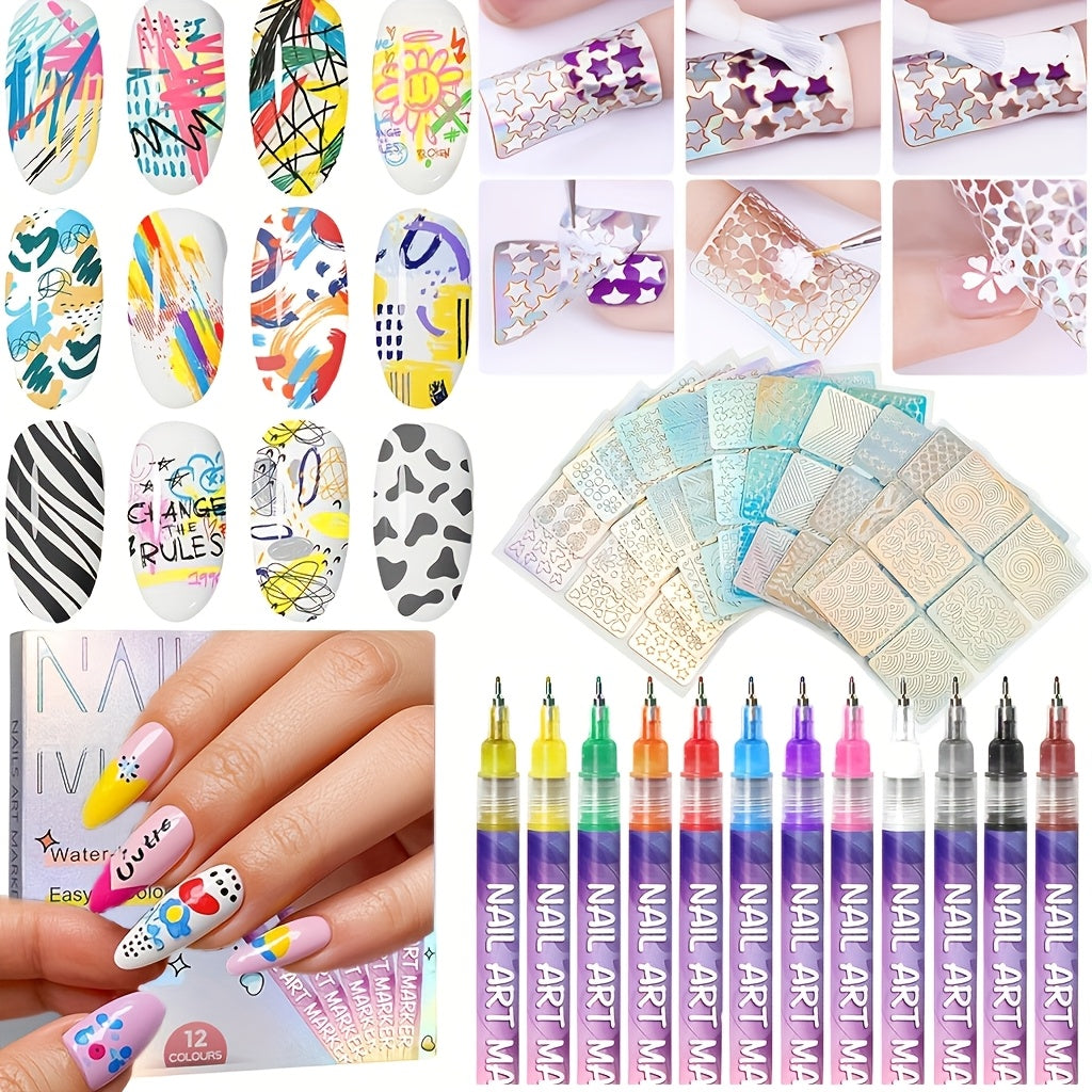 12 Colors 0.5mm 3D Nail Polish Pen + 24 Reusable Stencil Stickers Set Nail Art Pen Set.