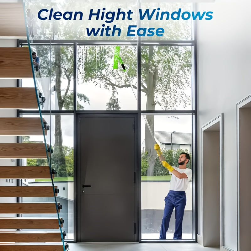 2-in-1 Window Washer & Squeegee - 180° Rotation, Up to 6.1meter Reach, Stainless Steel Handle, Resin Head with Microfiber Cleaning Cloth, Dry & Wet Use, Easy Assembly & Storage, Ideal for High-Rise Glass Cleaning, Window Cle