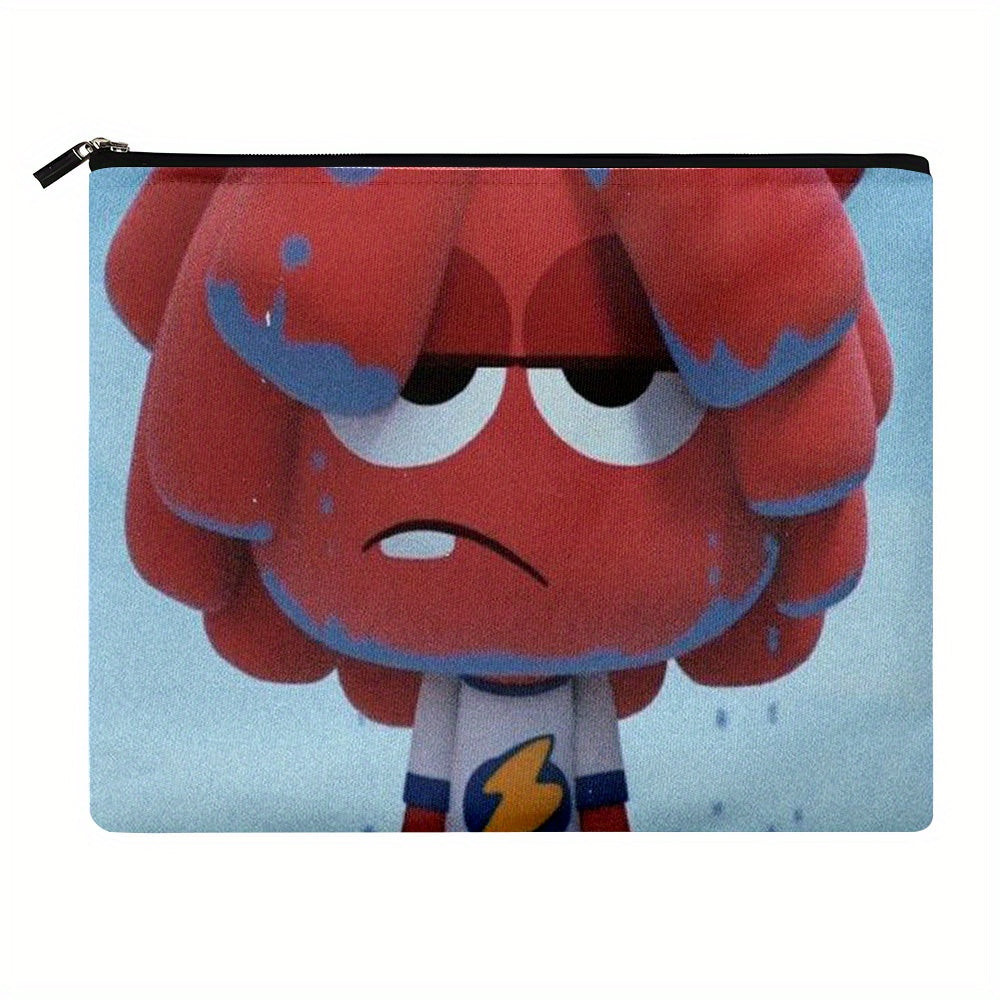 1pc Jelly Jamm Multi-functional Storage Bag - Gender-Neutral Zippered Pouch for Chargers, Accessories & Cosmetics, Durable Linen Material, 21.97 x 15.24 cm, Neon Green with Cartoon Character Design, Travel Bag|Playful Design|