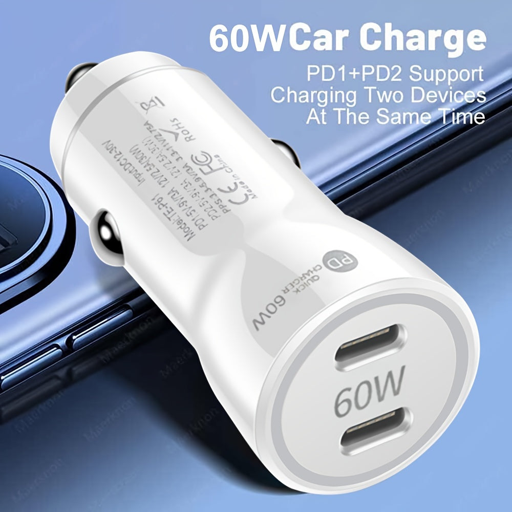 60W USB C Car Charger, USB-C Adapter Fast Charging Dual Port PD3.0 Type C Power Plug Compatible with iPhone16 15 14 13 12 11 Pro Max XR Samsung S23/22/21 Google Pixel 7 (Black/White)