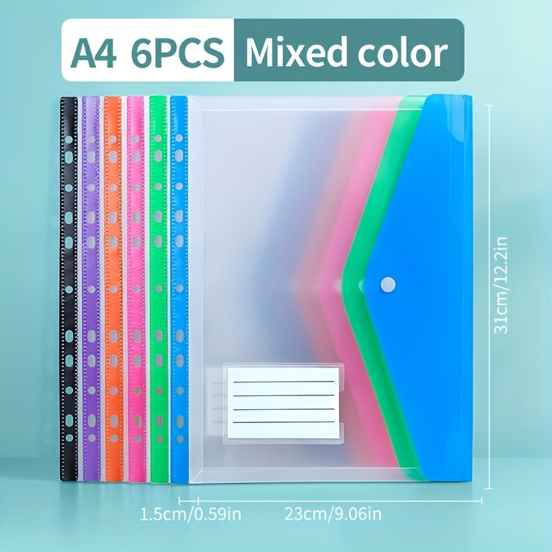 12pcs/6pcs A4 Large Capacity Loose-Leaf File Pockets with 11-Hole Binder Rings, Modern PP Material, Expandable Button And Label Pockets, Suitable for School, Home, Office, Attendance, Travel - Portable Design
