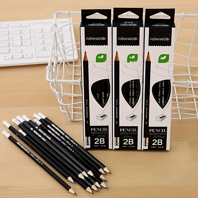 12pcs/Box New 2B Pencil Writing Utensils Sketch Set Pencil Hand Drawing Painting Tools 2B Exam Pencil Art Supplies Pen Stationery Fine writing tools