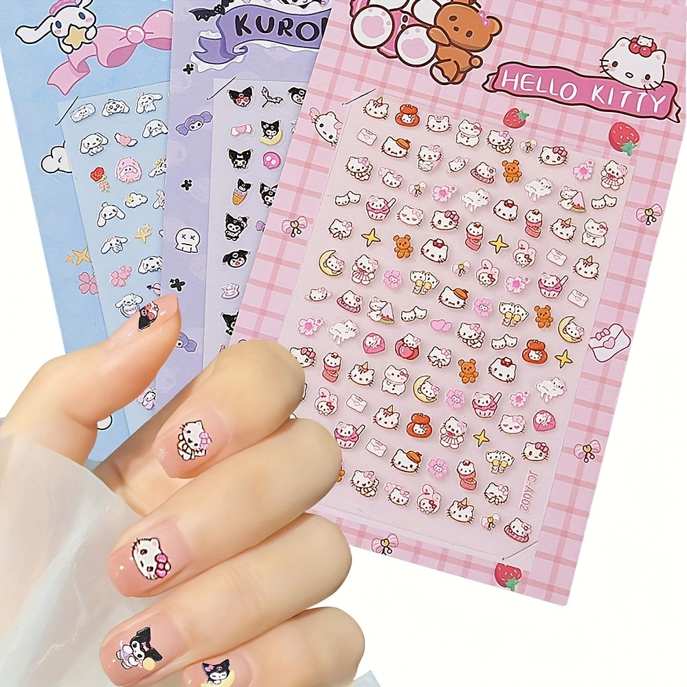 2pcs Sanrio Nail Art Stickers 5D Embossed Kuromi Cinnamoroll & HelloKitty Designs Nail Decals Kawaii Cartoon Self-Adhesive Decals for DIY Manicures Decoration