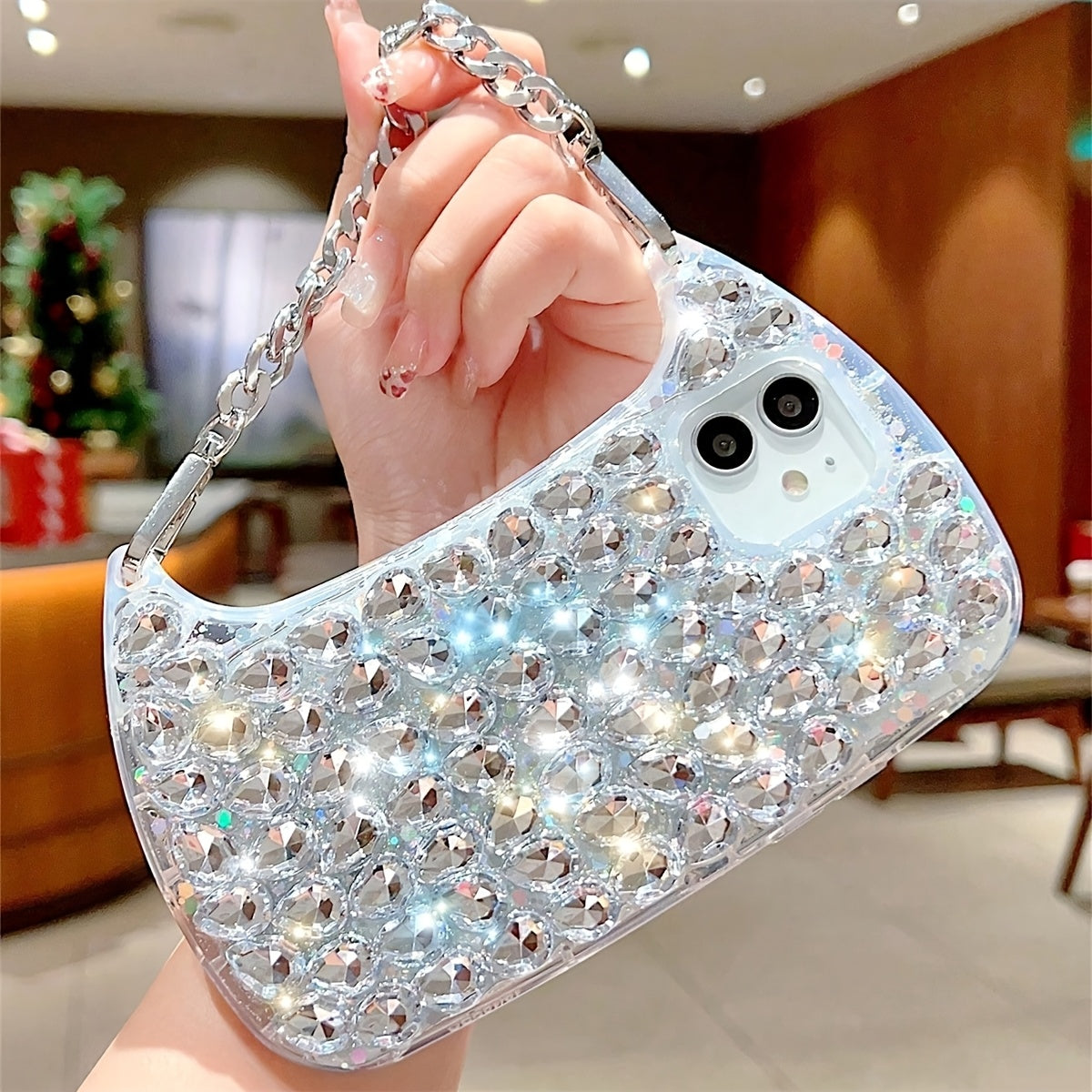 For iPhone 16promax Shiny Luxury Bag Luxury Wrist Chain Bag with Shiny Transparent Protective Case for iPhone 16promax 11 12 13 14 Pro Max X XS XR 7 8 Plus SE 16 Protective Cover