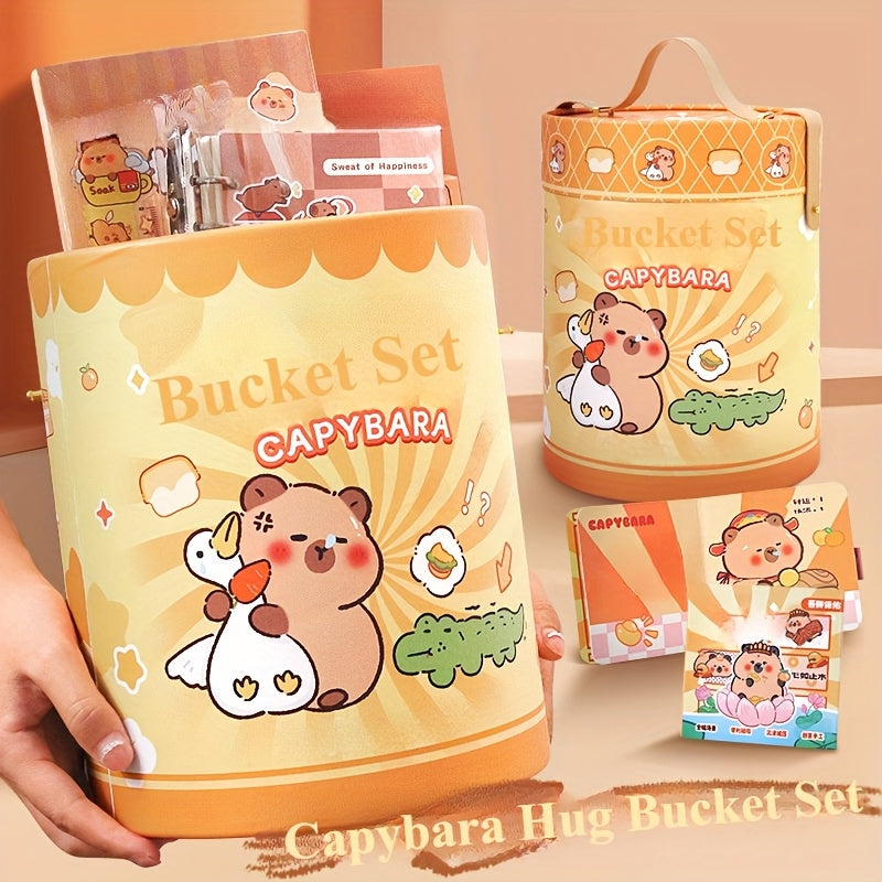 308/240/178pcs Capybara themed stationery bucket set, including all the needs of student supplies, ballpoint pens, notebooks, markers, rulers, pencil cases, etc. - a great learning reward for students!