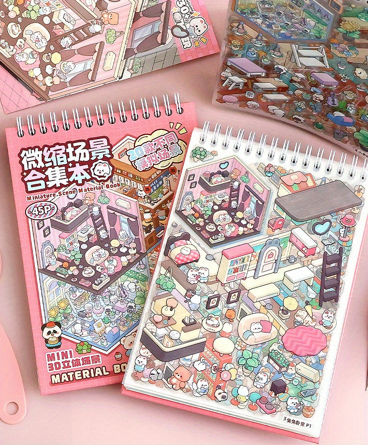 20pcs Scene Cardstock + 25pcs Stickers + 1 Tweezer Micro Scene Combination Book Set, 3D Scene Stickers for DIY Miniature Houses