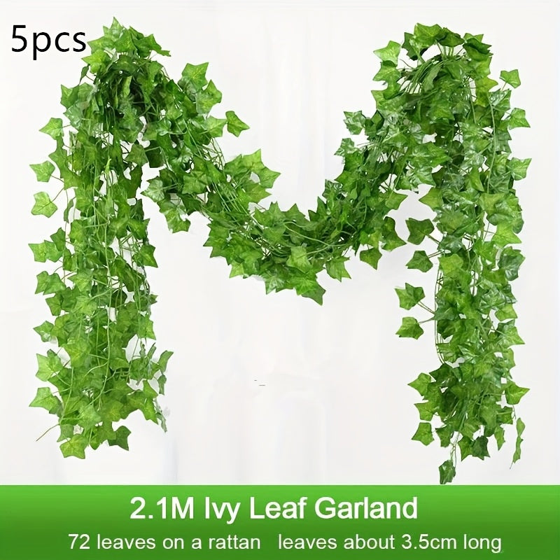5pcs Evergreen Artificial Ivy Leaf Garlands - 3D Faux Green Vine Hanging Decor, Durable Plastic Plant Wreath for Indoor/Outdoor, Home Garden, Wedding, Bridal Shower, Housewarming - No Electricity Needed, Outdoor Greenery | Ve