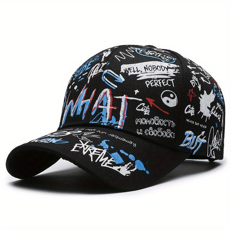 Unisex Graffiti Baseball Cap with Bold Letter Print - Adjustable Snapback Closure, Lightweight Hat for Outdoor Sports & Casual Wear, All-Season Breathable Design, Headwear, Streetwear Accessory, Urban Style, Durable Construct