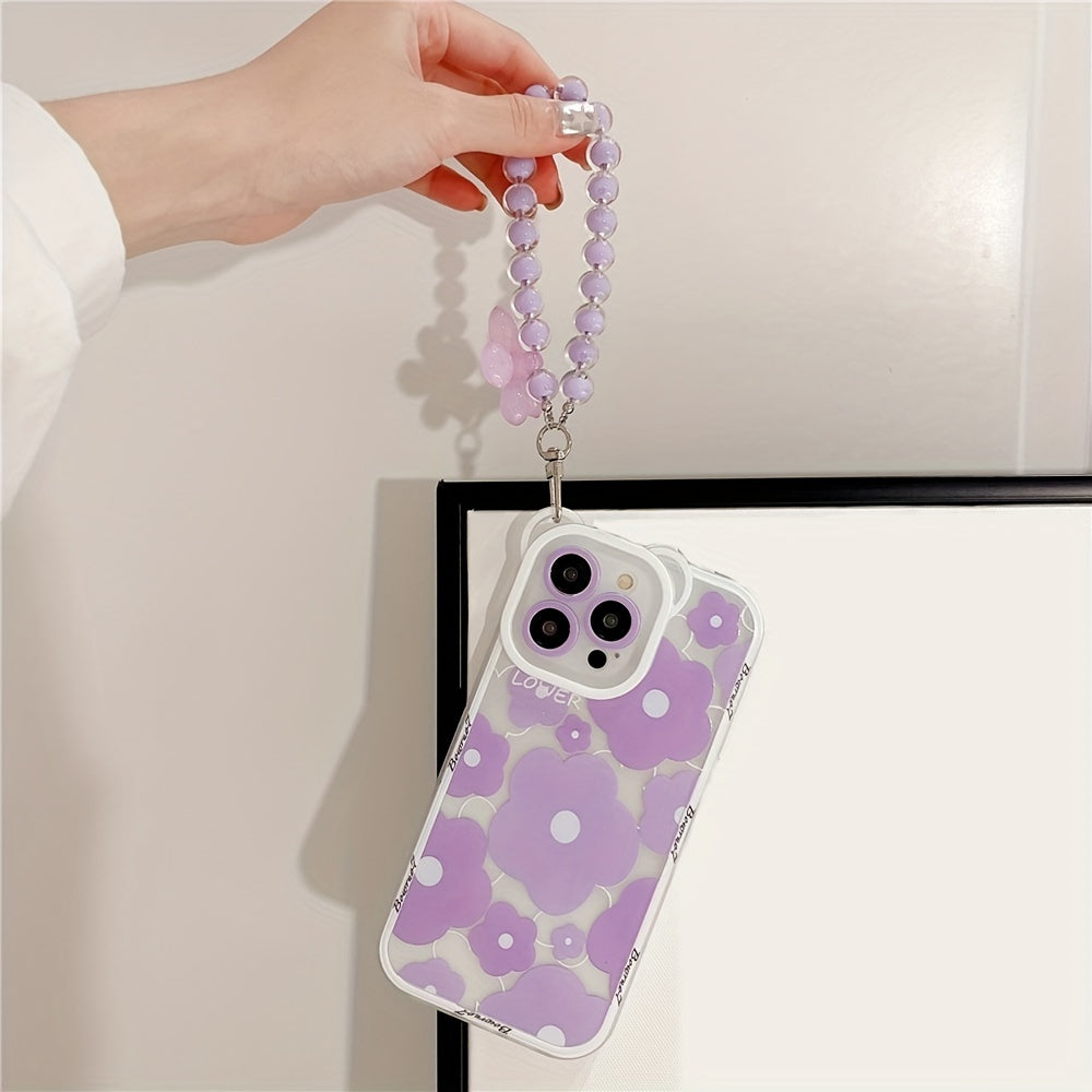 Cute Luxury Cute Luxury Transparent Phone Case Soft Egg Flower Cover with Flower Chain Lanyard | for iPhone 11 14 Pro Max 12 Pro 13 11 Pro Max 7 8 Plus Clear Purple Bear Ear