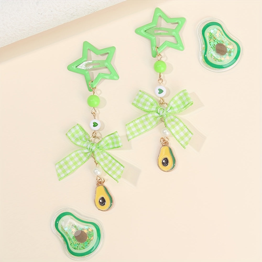 2pcs Kawaii Star Shaped Snap Hair Clips | Polyester Material, Long Tails, Tartan Bow, Cute Strawberry Decor, Fruit Themed Hair Bow Accessories for Teens, Casual Daily Wear, Novelty Hair Accessories, Playfu