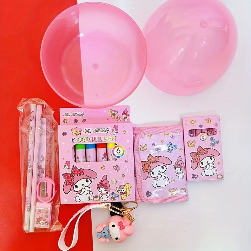 For Hello Kitty Cartoon Egg-Shaped Fine Tool Set, Including 6 Color Watercolor Pens + 6 Colored Pencils + Wallet + Key Chain + 2 Pencils + Ruler + Eraser + Pencil Sharpener + Gift Bag + Birthday Gift and Party Surprise Essent