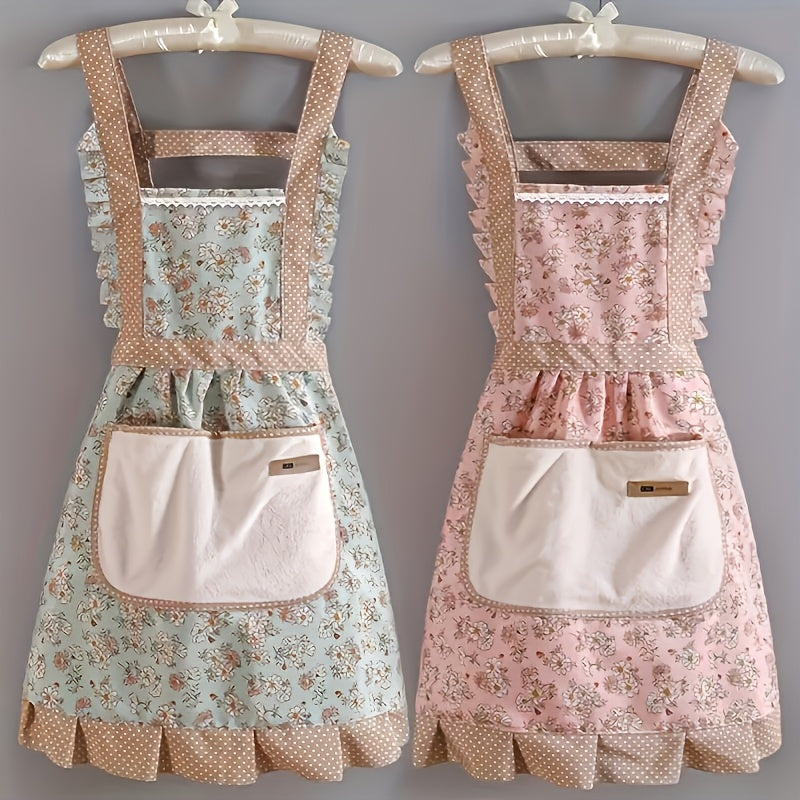 1pc Apron, Floral Print Princess Apron, for Lotus Leaf Lace Decoration, Garden Gardening Workwear Apron, Women's Apron, Kitchen Apron