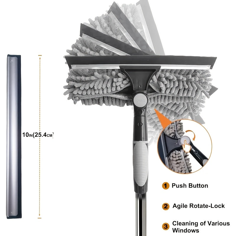 2-in-1 Window Washer & Squeegee - 180° Rotation, Up to 6.1meter Reach, Stainless Steel Handle, Resin Head with Microfiber Cleaning Cloth, Dry & Wet Use, Easy Assembly & Storage, Ideal for High-Rise Glass Cleaning, Window Cle