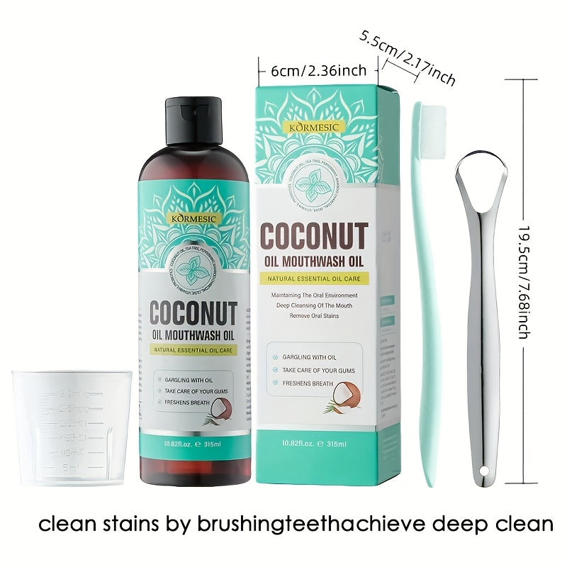 315Ml Concentrated Coconut Oil Mouthwash Set, Deep Cleaning Oral Care with Measuring Cup And Tongue Scraper, Fresh Breath, Daily Use for Oral Care.