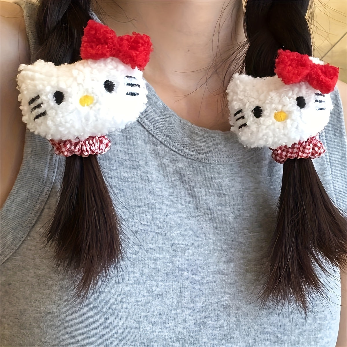 1pc of sweet Kitty cat hair clip headband, cute retro plaid hair loop, double ponytail doll braided hair rope