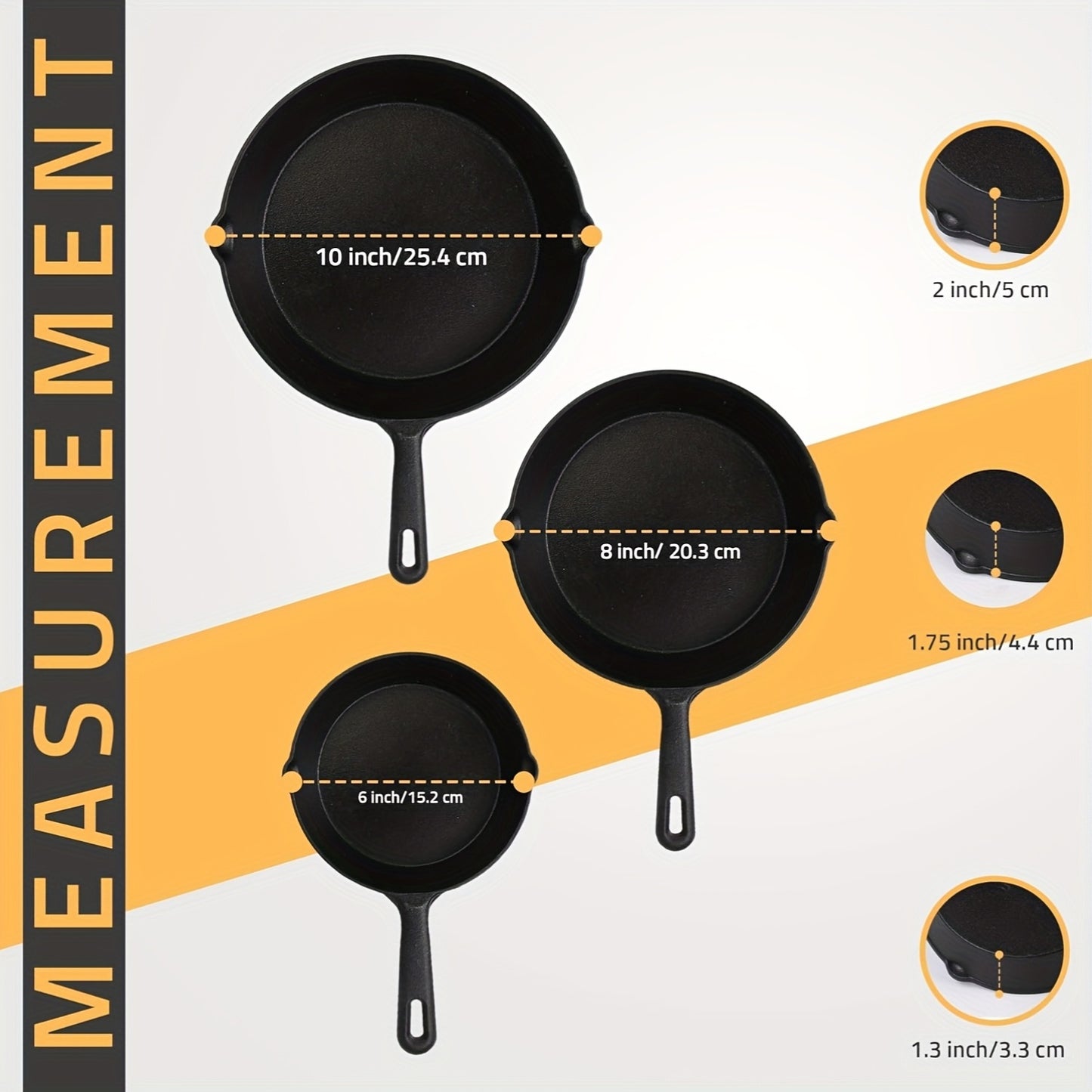 3pcs Pre-Seasoned Cast Iron Skillet Set With Pouring Lip - Heavy Duty & Non-Stick For Effortless Grilling, Searing, Frying & Baking - Versatile Black Pans (15.24 cm, 20.32 cm, 25.4 cm) With Comfort Handles