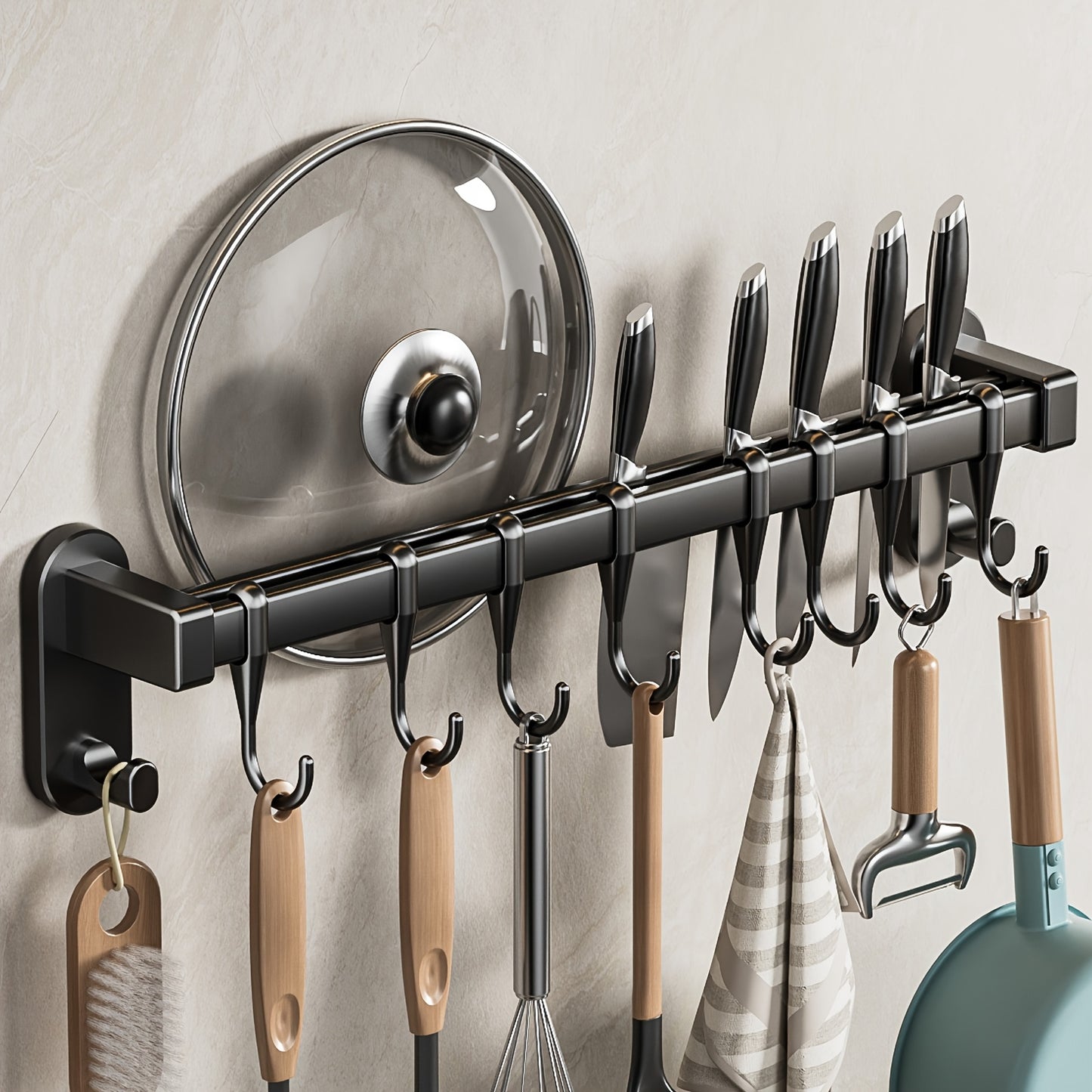 Plastic Kitchen Utensil Storage Rack with 6/8/10 Active Hooks - Wall-mounted Storage Rack for Tableware, Knives, and Pot Lids, with Drainage Hooks, Easy to Install, Suitable for Hanging Storage of Cooking Tools and Towel Rack