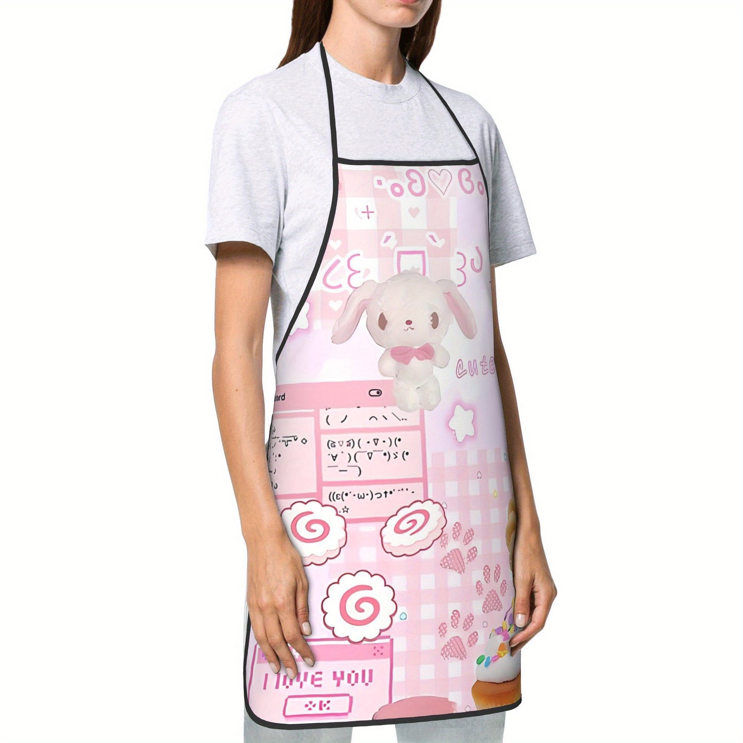 1pc Sanrio Cutecore Pink Apron with Bunny & Hearts Design - Durable Polyester Unisex Kitchen Bib for Cooking, Baking, Painting - Fun Aesthetic Chef Accessory for Adults, Cooking Wear