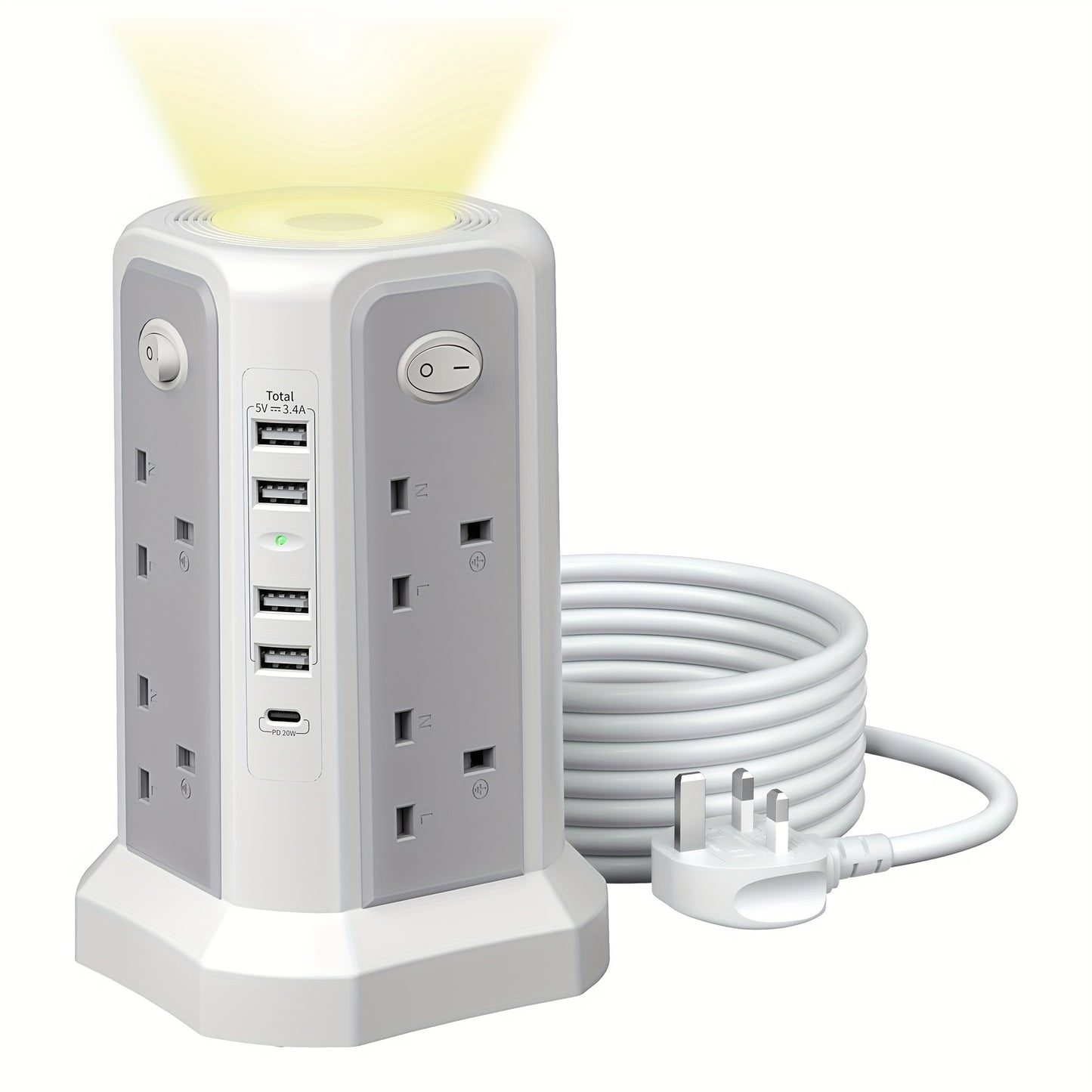 2-Story Tower Power Supply with 8 AC Sockets, 4 USB Ports, 1 USB-C PD20W Fast Charging, Individual Switch, Adjustable Night Light, Surge Protection, And for Home, Office, Studio, And Workshop Use