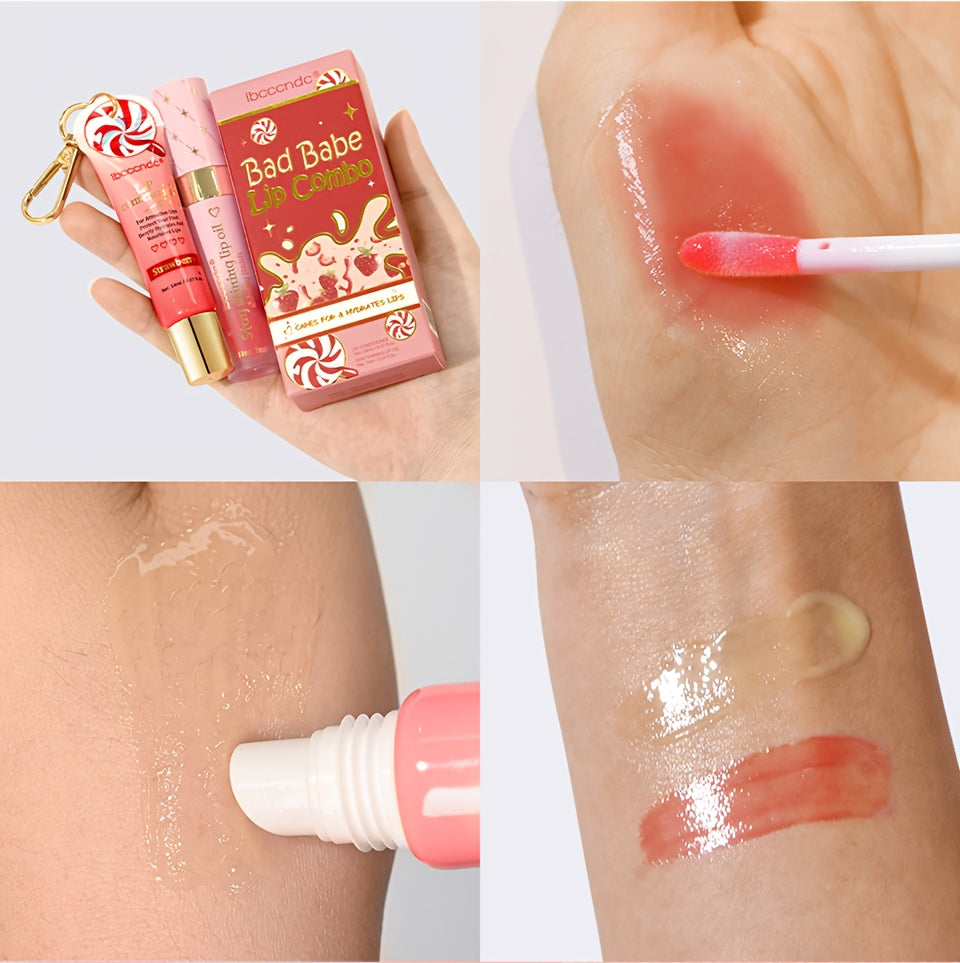 Bad Girl Lip Combo, Includes 2 Lip Oils, Strawberry Flavour, Tinted Lip Oil, Moisturizing And Nourishing, Winter Lip Care,