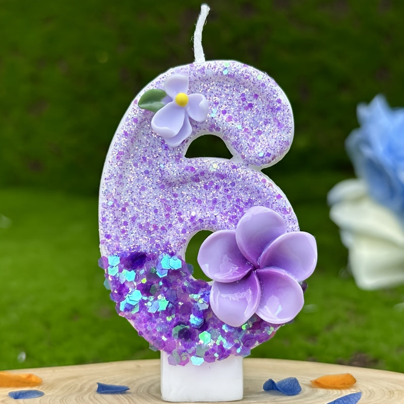 1pc Number Birthday Candle, Purple Glitter with Plumeria & Gardenia Accents, Paraffin Wax No-Feather Cake Topper for Party Decoration