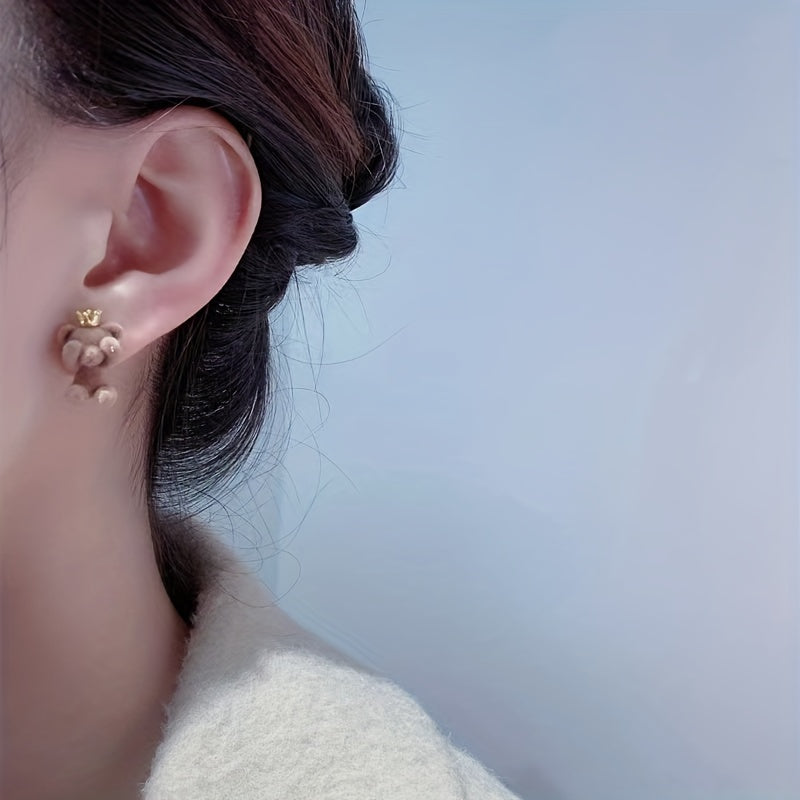 Cute Plush Bear Stud Earrings With Crown | Jewelry Gift