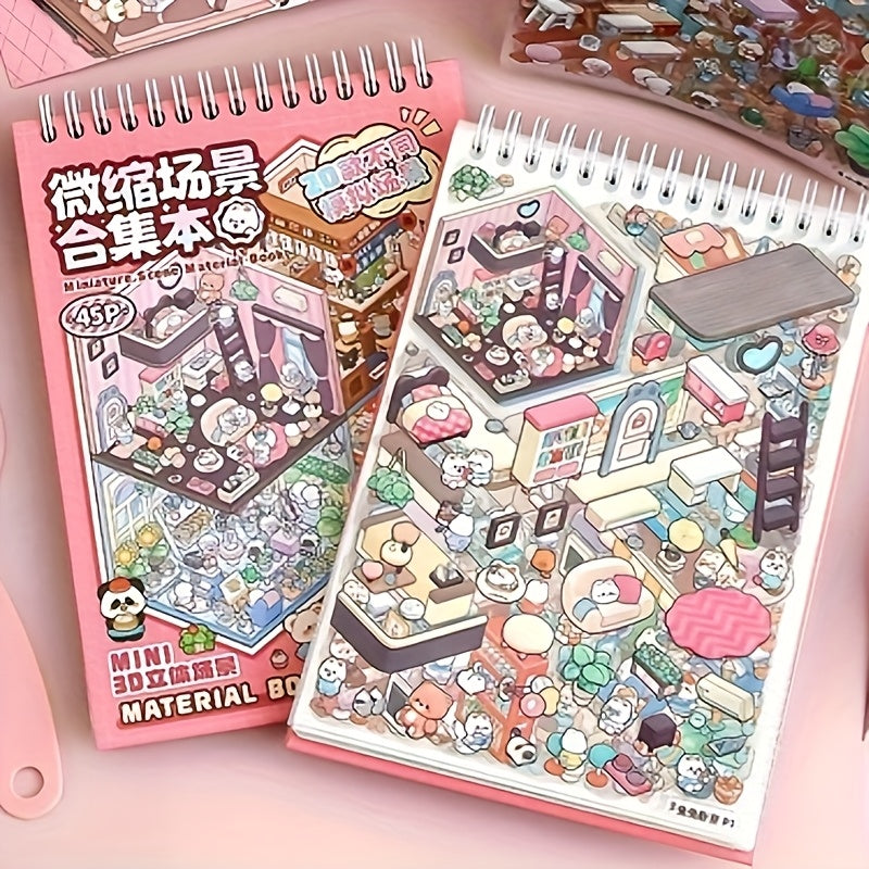 20pcs Scene Cardstock + 25pcs Stickers + 1 Tweezer Micro Scene Combination Book Set, 3D Scene Stickers for DIY Miniature Houses