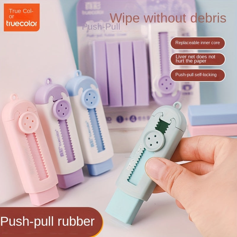 5pcs Sliding Retractable Rubber Erasers, 1pc Soft Cute Eraser 4 Refills, Refillable Push Pull Large Pencil Eraser, 4 Colors Pink Purple Green Erasers for School, Office