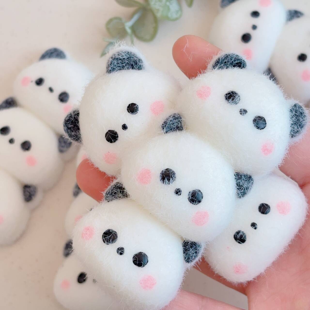 Adorable Blush Three-in-a-Row Panda Squeeze Toy with Slow Rebound and Creamy Texture, Soft Touch, Desk Companion, Holiday Gift