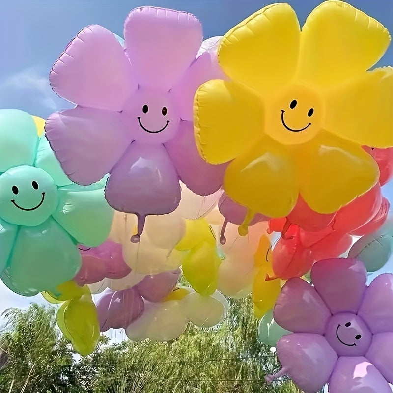 Happy Face Macaron Happy Face Daisy Balloons | 5pcs | Aluminum Film | No Electricity Needed | Home, Garden, Birthday Party, Wedding Decor | Birthday Party, Wedding, Hawaiian Theme
