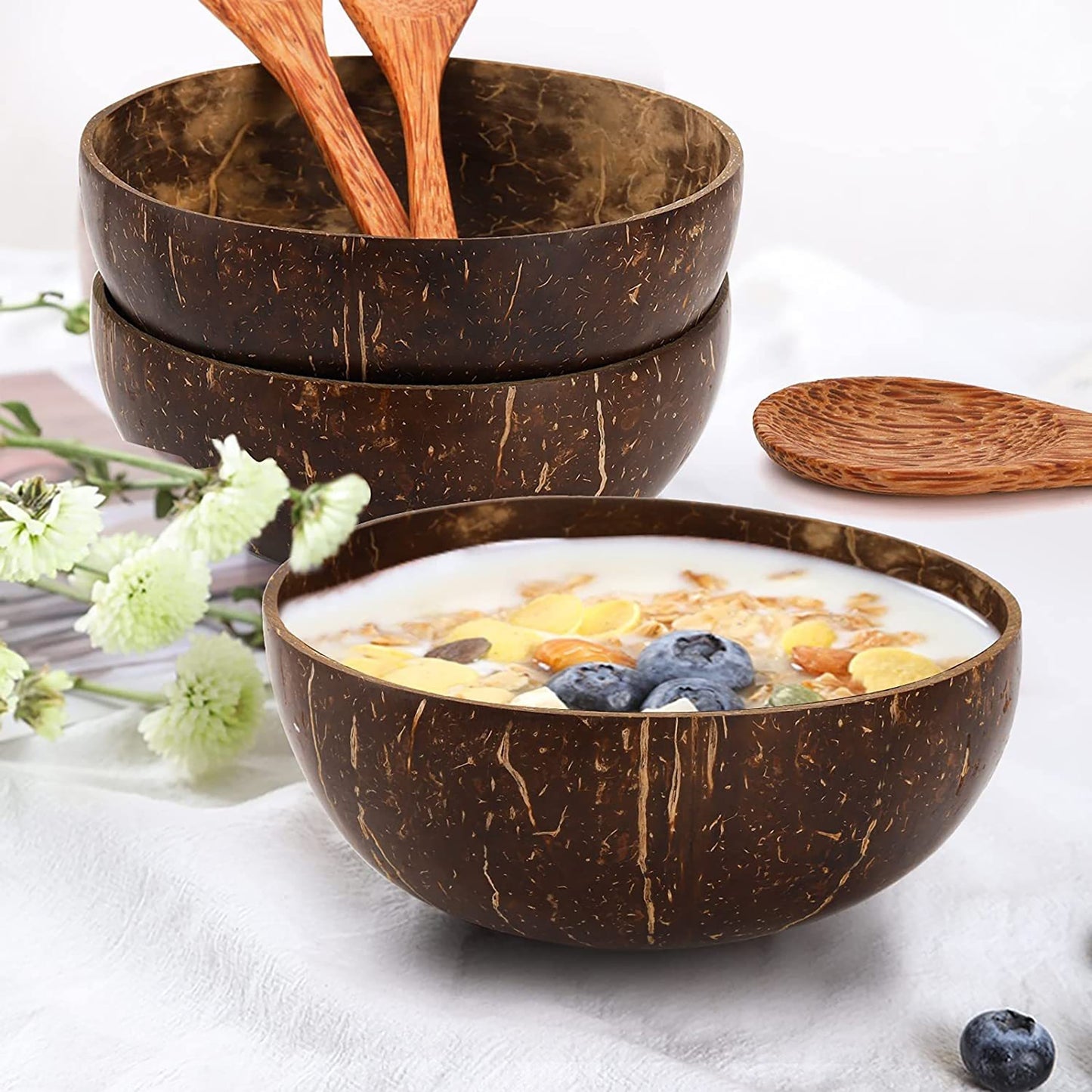 4 Natural Coconut Shell Bowls with 4 Coconut Wood Spoons – High-Quality, Washable Wooden Bowls for Yogurt, Salad, Ice Cream, and More – Deep Brown, Perfect for Cooking & Dining, Kitchen Tableware|Coconut Shell Aesthetic|N