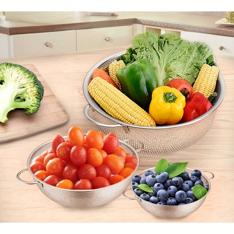 3pcs Stainless Steel Strainer Set with Handles, Large Mesh Colanders for Kitchen, Fine Strainers for Spaghetti, Vegetables, and Food Drainage, Durable Uncharged Mesh Strainers
