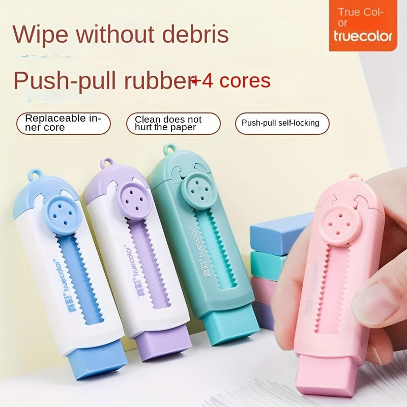 5pcs Sliding Retractable Rubber Erasers, 1pc Soft Cute Eraser 4 Refills, Refillable Push Pull Large Pencil Eraser, 4 Colors Pink Purple Green Erasers for School, Office