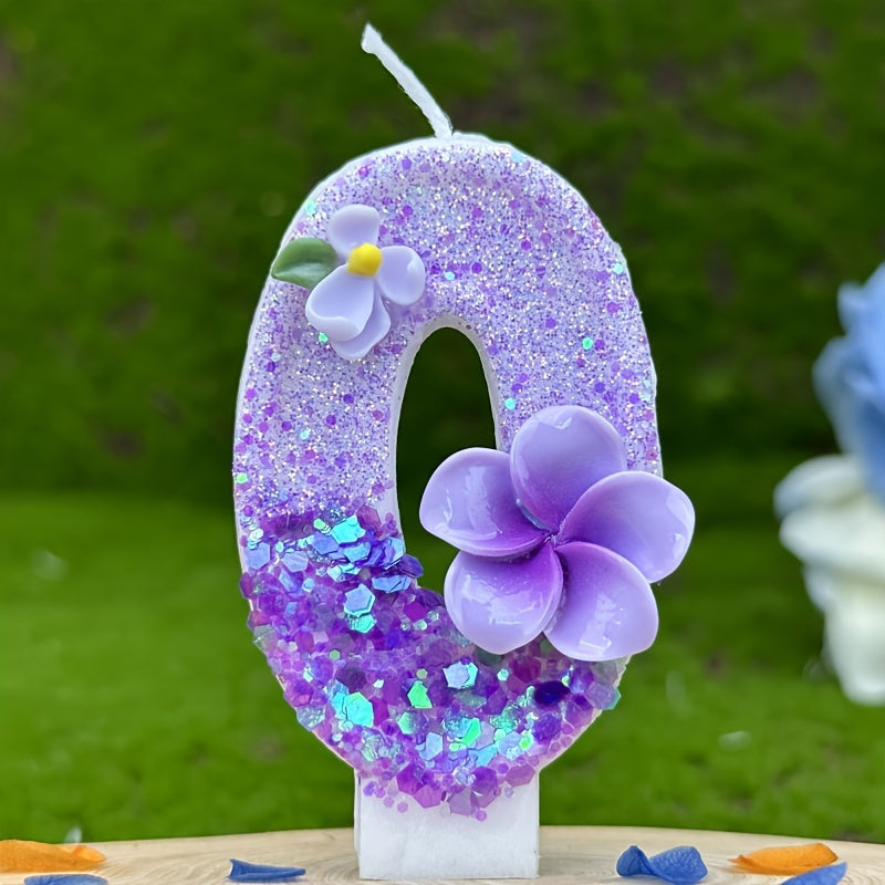 1pc Number Birthday Candle, Purple Glitter with Plumeria & Gardenia Accents, Paraffin Wax No-Feather Cake Topper for Party Decoration