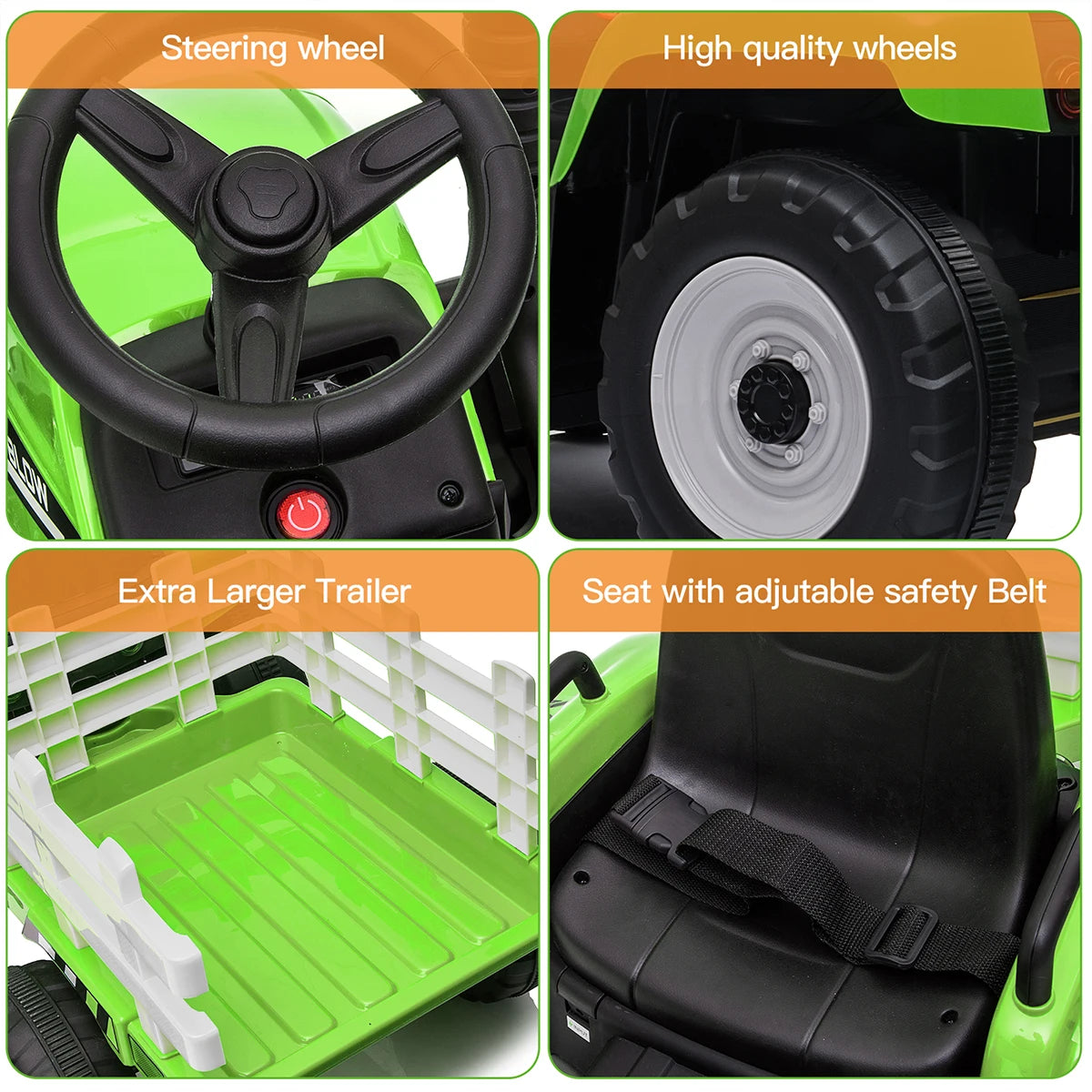 Ride on Tractor and Trailer 12V Battery Powered Electric Kids Toy Car with Remote, Lights, USB, Music Ride on Car for Children