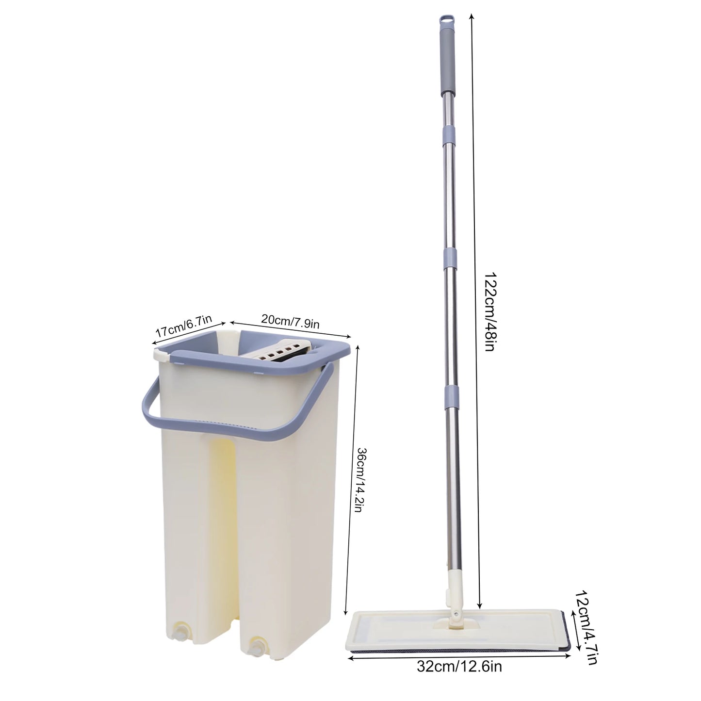 Floor Wiper Mop Set Wiper Mop Bucket Telescopic Handle Cleaning Microfiber Pad Cleaning Cloth + 10x Pads
