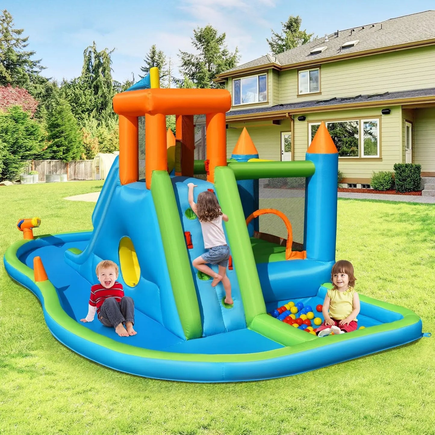 DORTALA Inflatable Water Slide Kids Jumping Bounce House Splash Water Pool w/ Blower