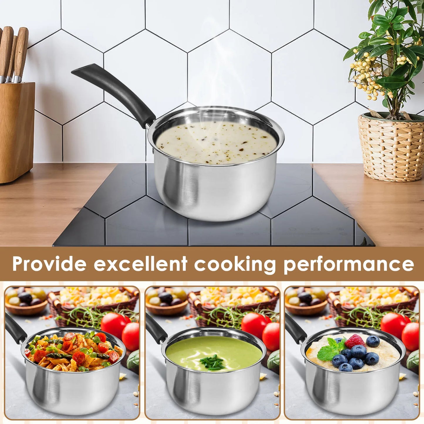 Saucepan Stainless Steel Small Sauce Pan Milk Pot with Glass Lid Heat-Resisting Handle Dishwasher Safe Sauce Pot for Cooking Boi