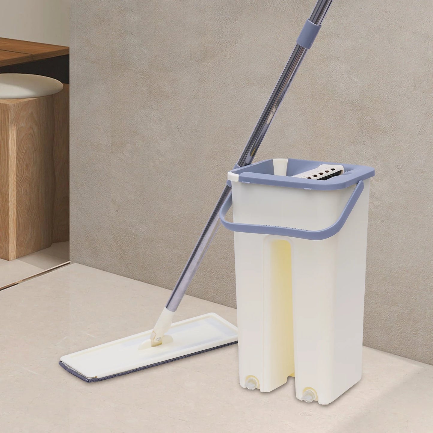 Floor Wiper Mop Set Wiper Mop Bucket Telescopic Handle Cleaning Microfiber Pad Cleaning Cloth + 10x Pads